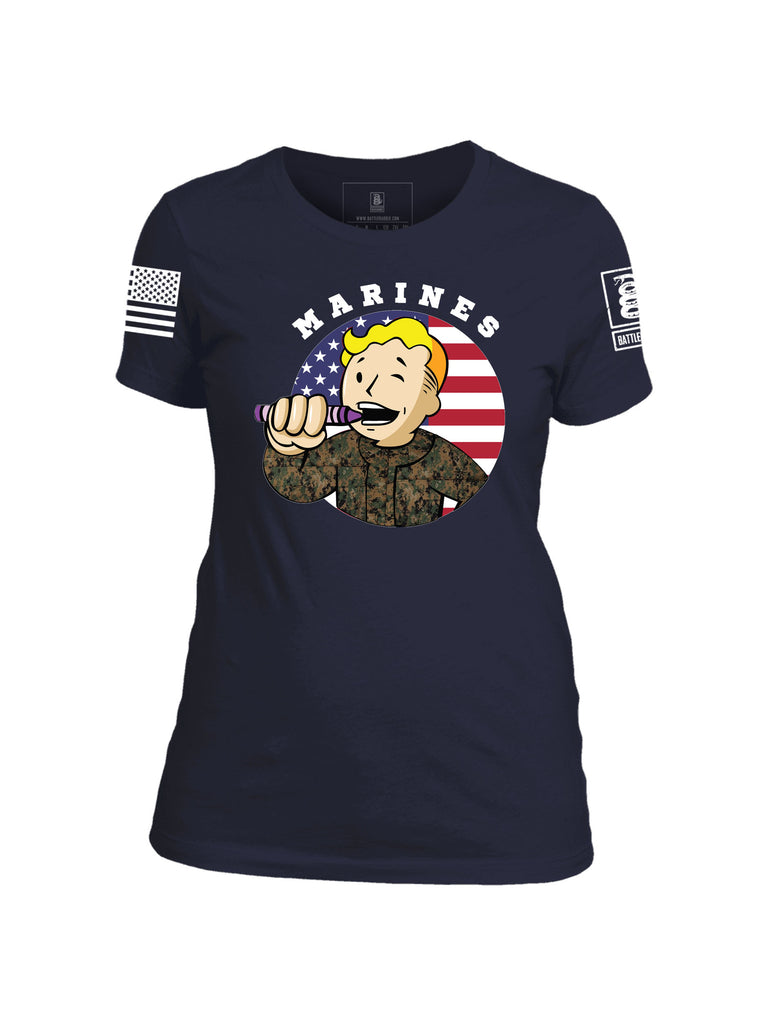Battleraddle Marines Crayon Boot 75 White Sleeve Print Womens Cotton Crew Neck T Shirt