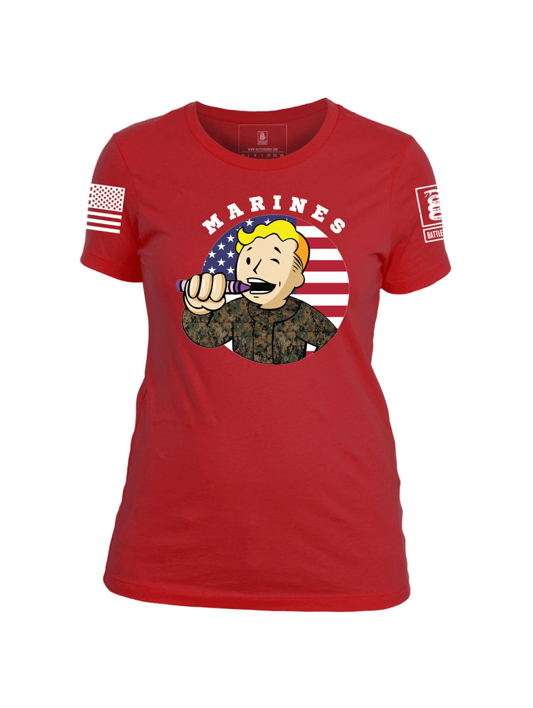 Battleraddle Marines Crayon Boot 75 White Sleeve Print Womens Cotton Crew Neck T Shirt
