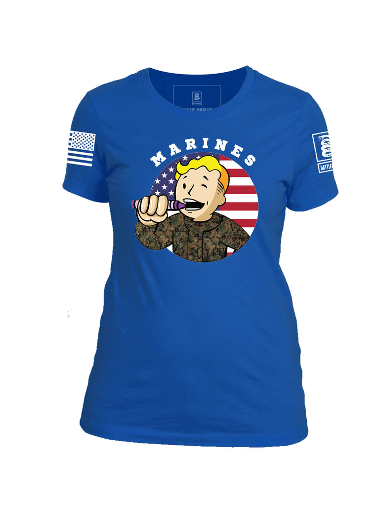 Battleraddle Marines Crayon Boot 75 White Sleeve Print Womens Cotton Crew Neck T Shirt