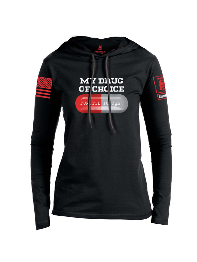 Battleraddle My Drug Of Choice Fukitol 1000gm Red Sleeve Print Womens Thin Cotton Lightweight Hoodie