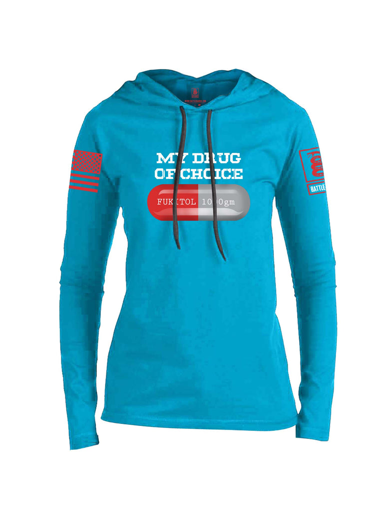 Battleraddle My Drug Of Choice Fukitol 1000gm Red Sleeve Print Womens Thin Cotton Lightweight Hoodie