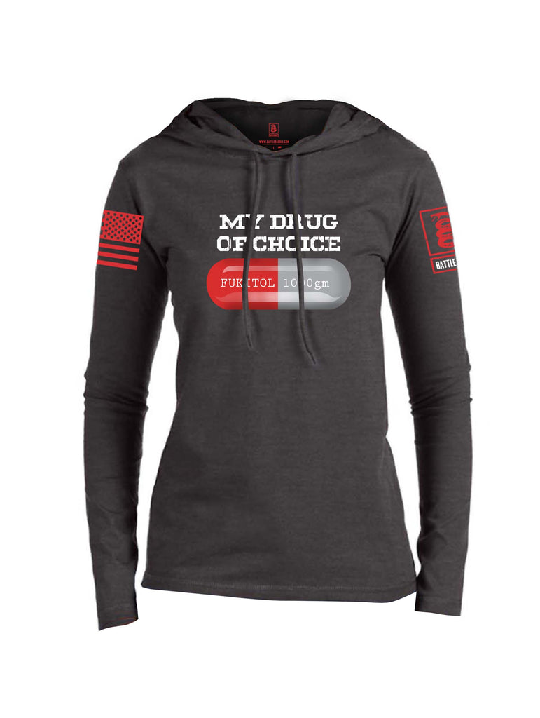 Battleraddle My Drug Of Choice Fukitol 1000gm Red Sleeve Print Womens Thin Cotton Lightweight Hoodie