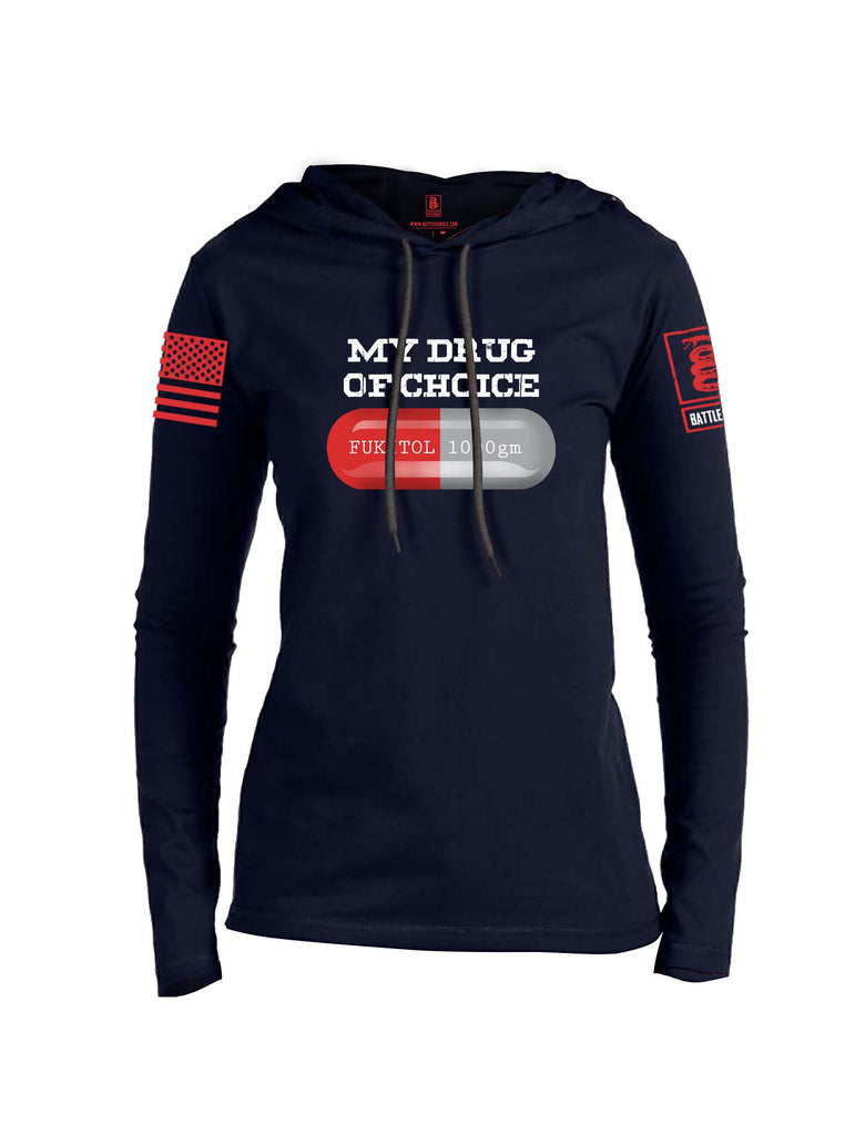 Battleraddle My Drug Of Choice Fukitol 1000gm Red Sleeve Print Womens Thin Cotton Lightweight Hoodie