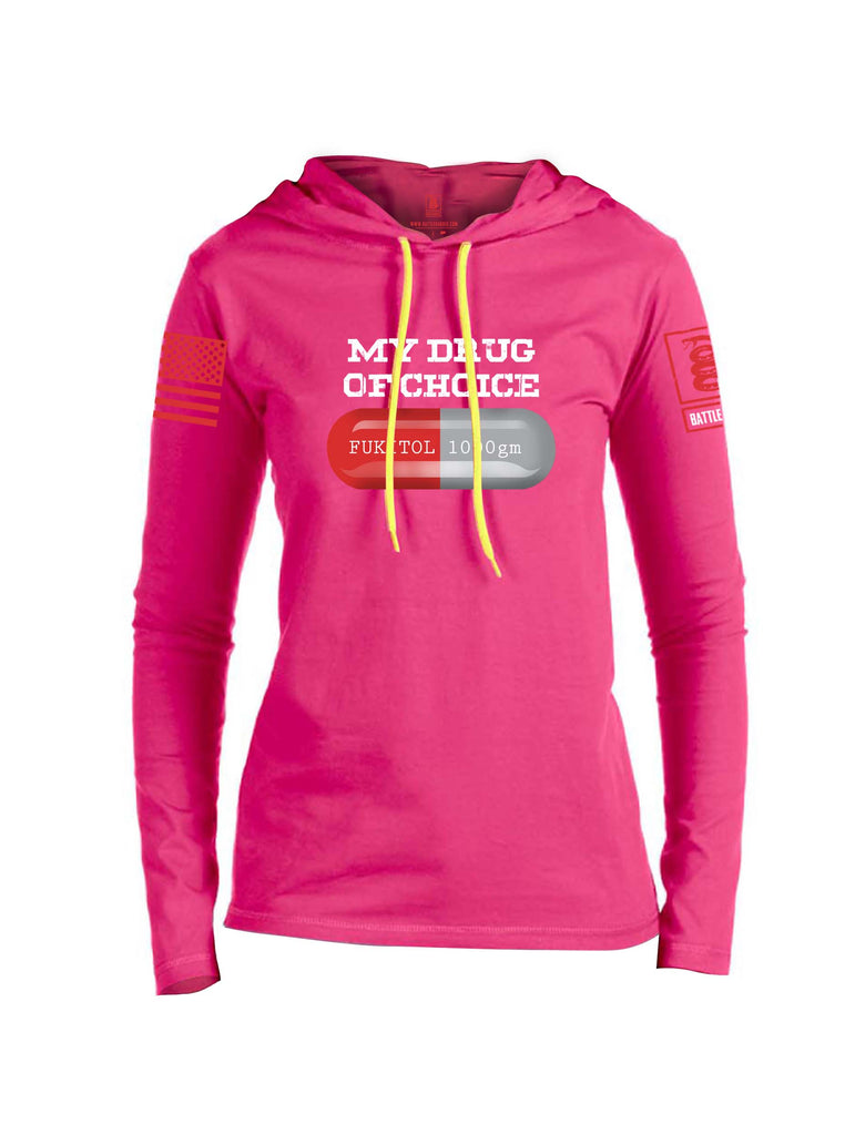 Battleraddle My Drug Of Choice Fukitol 1000gm Red Sleeve Print Womens Thin Cotton Lightweight Hoodie
