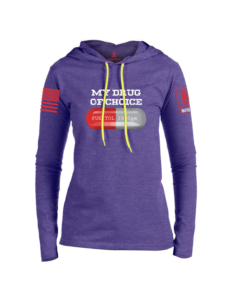 Battleraddle My Drug Of Choice Fukitol 1000gm Red Sleeve Print Womens Thin Cotton Lightweight Hoodie