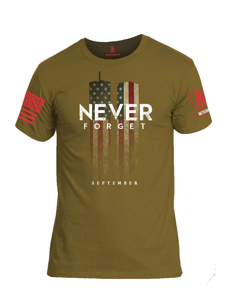 Battleraddle Never Forget September 11 Red Sleeve Print Mens Cotton Crew Neck T Shirt shirt|custom|veterans|Apparel-Mens T Shirt-cotton