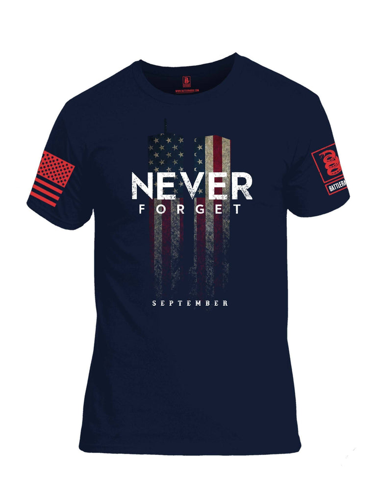 Battleraddle Never Forget September 11 Red Sleeve Print Mens Cotton Crew Neck T Shirt shirt|custom|veterans|Apparel-Mens T Shirt-cotton