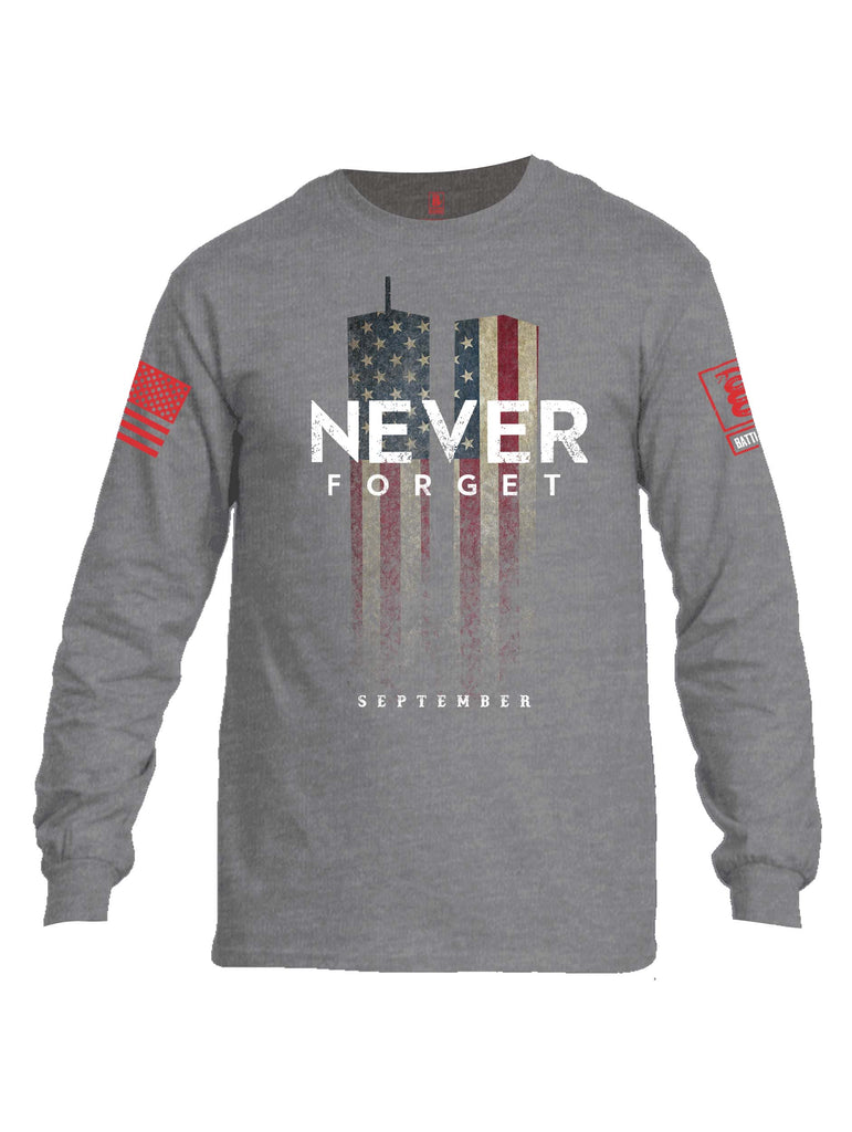 Battleraddle Never Forget September 11 Red Sleeve Print Mens Cotton Long Sleeve Crew Neck T Shirt