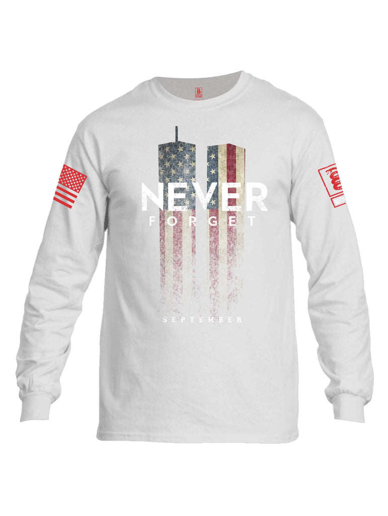 Battleraddle Never Forget September 11 Red Sleeve Print Mens Cotton Long Sleeve Crew Neck T Shirt