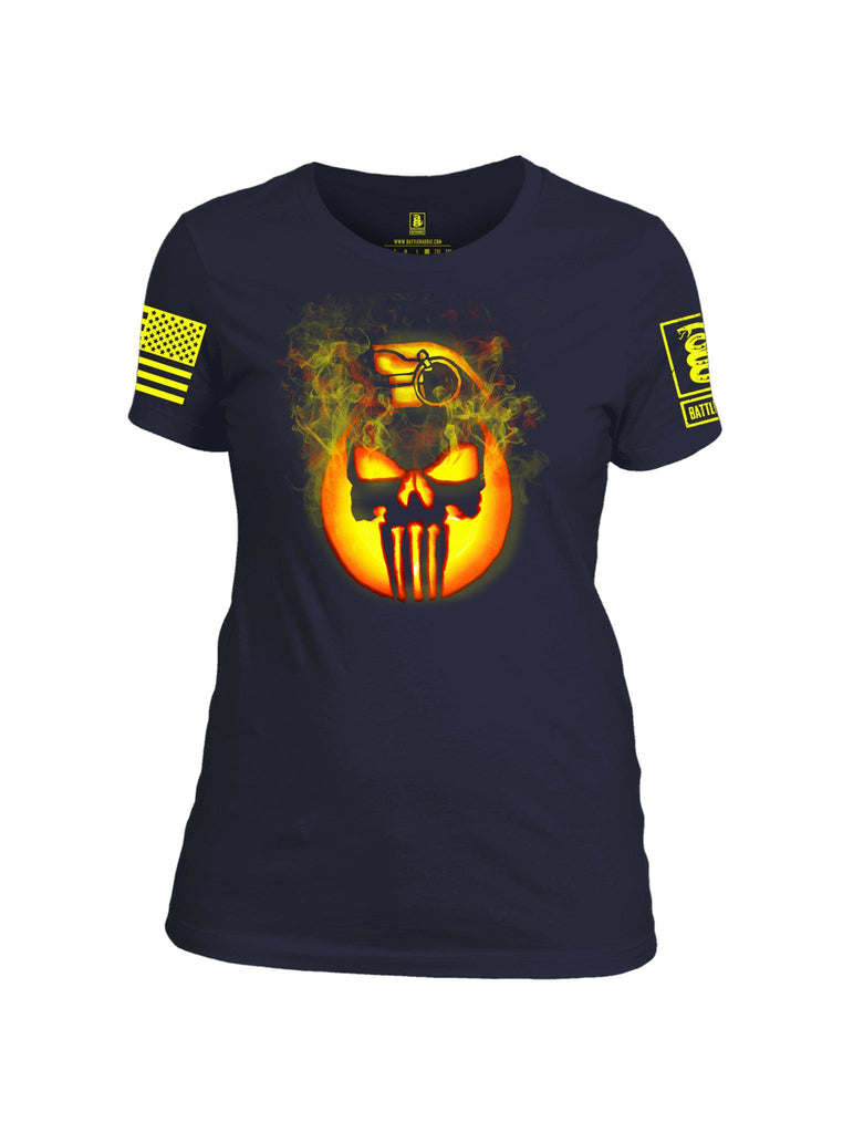 Battleraddle Expounder Skull Pumpkin Yellow Sleeve Print Womens Cotton Crew Neck T Shirt