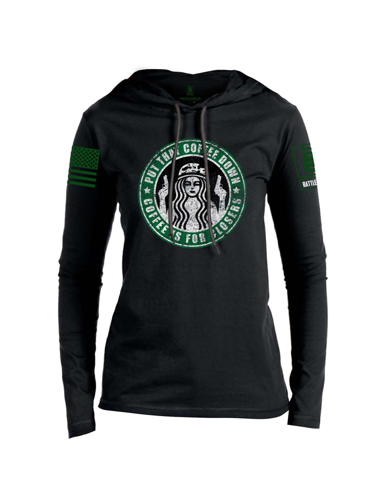 Battleraddle Put That Coffee Down Coffee Is For Closers Green Sleeve Print Womens Thin Cotton Lightweight Hoodie
