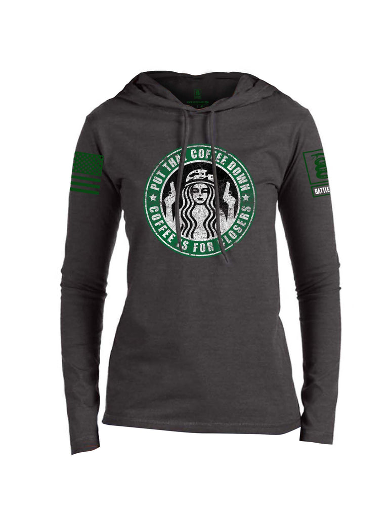 Battleraddle Put That Coffee Down Coffee Is For Closers Green Sleeve Print Womens Thin Cotton Lightweight Hoodie