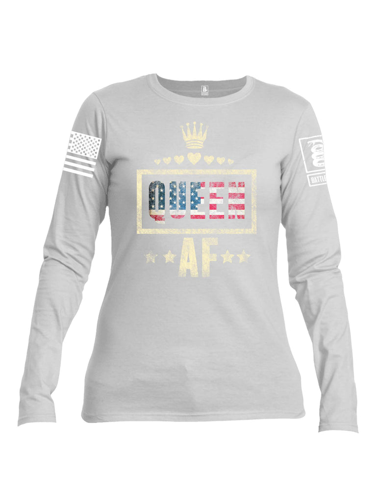 Battleraddle Queen AF White Sleeve Print Womens Cotton Long Sleeve Crew Neck T Shirt