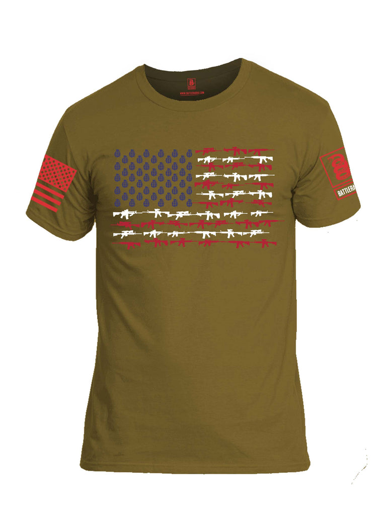 Battleraddle Rifle Gun Flag Red Sleeve Print Mens Cotton Crew Neck T Shirt