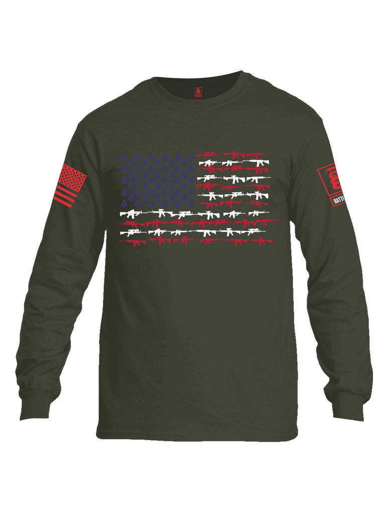 Battleraddle Rifle Gun Flag Red Sleeve Print Mens Cotton Long Sleeve Crew Neck T Shirt