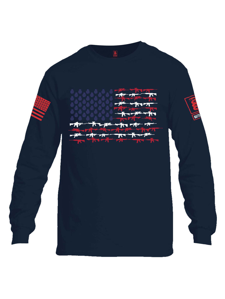 Battleraddle Rifle Gun Flag Red Sleeve Print Mens Cotton Long Sleeve Crew Neck T Shirt