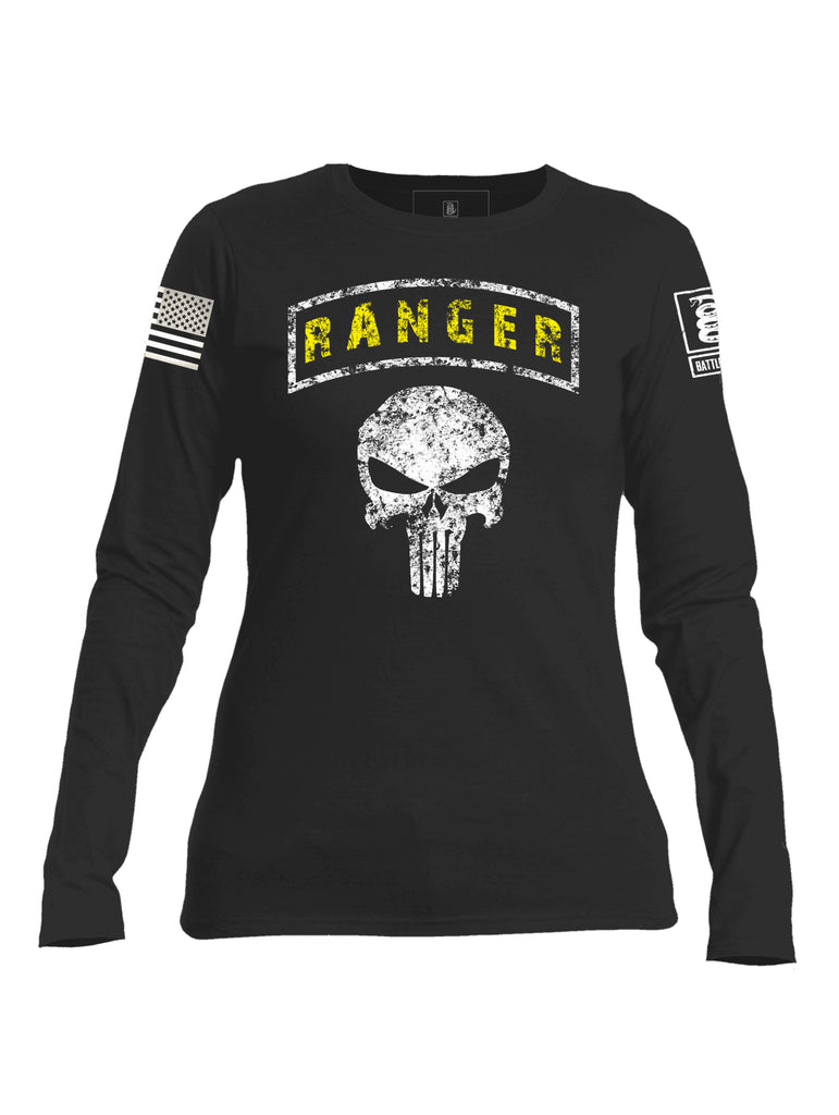 Battleraddle Ranger Punisher Skull White Sleeve Print Womens Cotton Long Sleeve Crew Neck T Shirt-Black