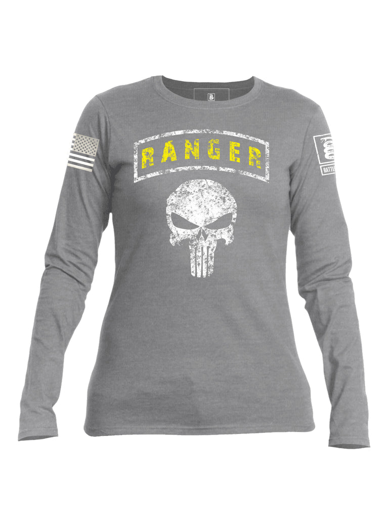 Battleraddle Ranger Punisher Skull White Sleeve Print Womens Cotton Long Sleeve Crew Neck T Shirt-Sports Grey