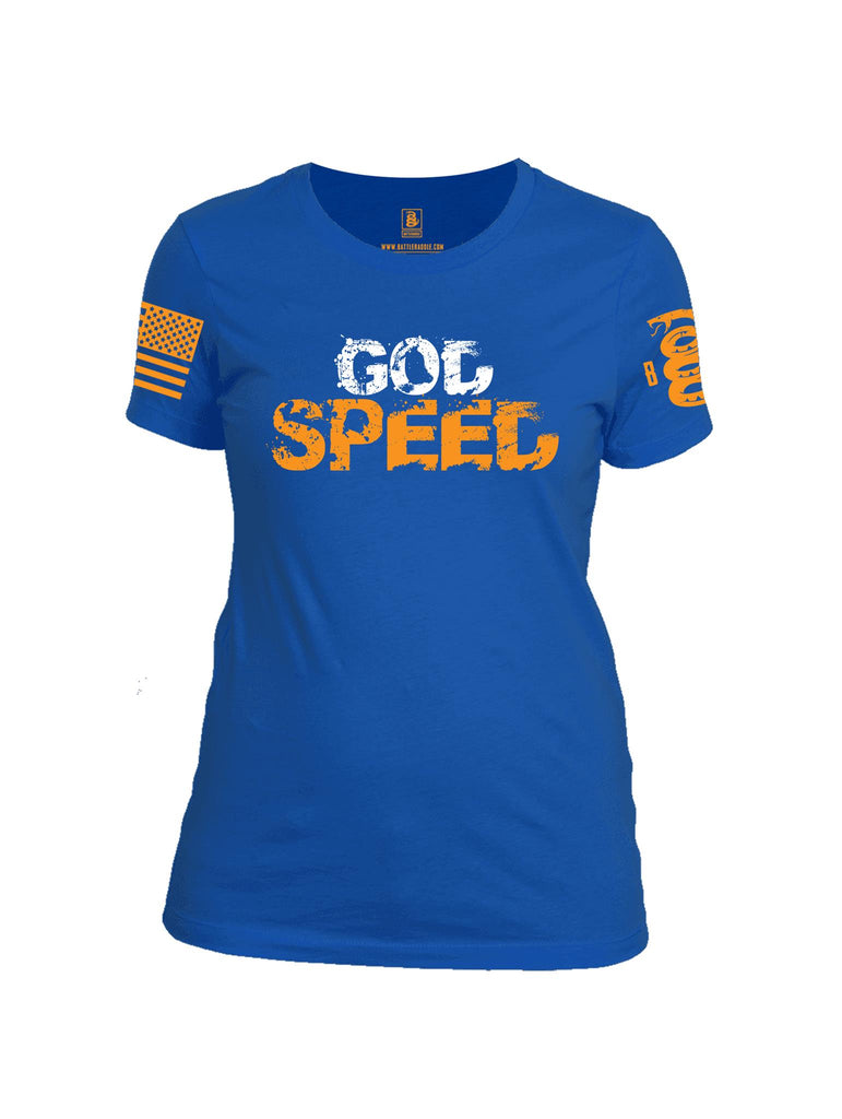 Battleraddle God Speed Orange Sleeve Print Womens Cotton Crew Neck T Shirt