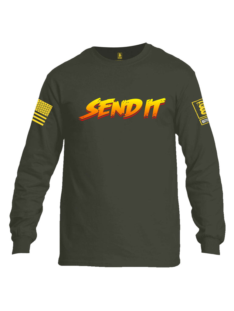 Battleraddle Send It Yellow Sleeve Print Mens Cotton Long Sleeve Crew Neck T Shirt