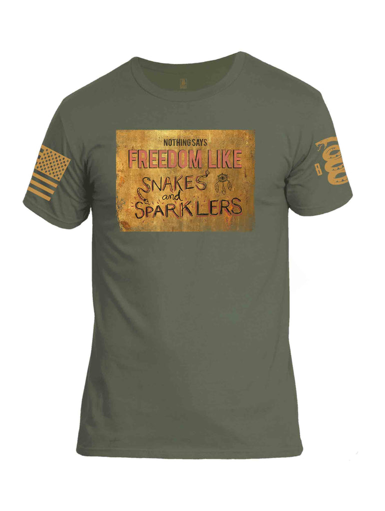 Battleraddle Nothing Says Freedom Like Snakes And Sparklers Brass Sleeve Print Mens Cotton Crew Neck T Shirt