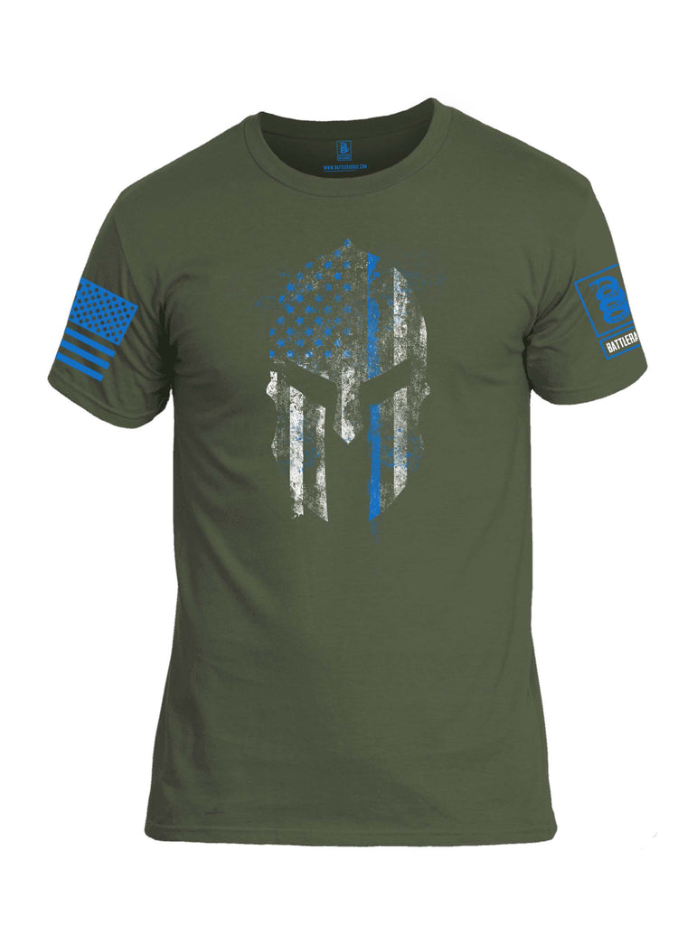 Battleraddle Spartan Thin Blue Line Blue Sleeve Print Mens Cotton Crew Neck T Shirt