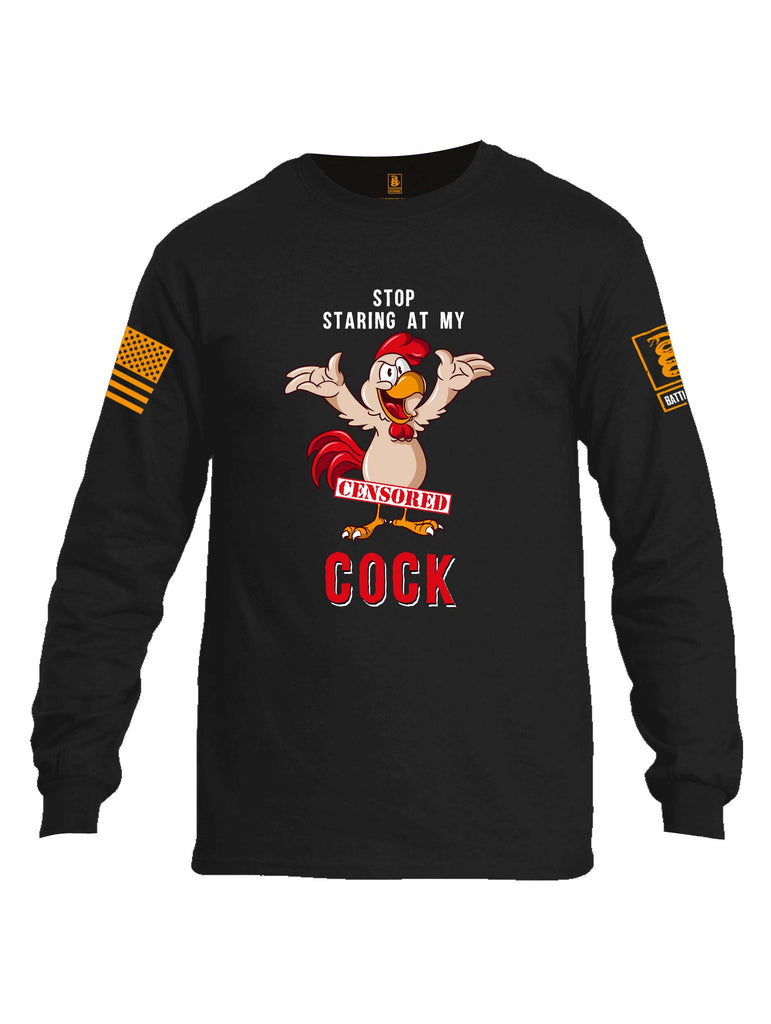 Battleraddle Stop Staring At My Censored Cock Orange Sleeve Print Mens Cotton Long Sleeve Crew Neck T Shirt