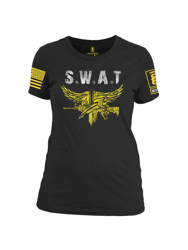 Battleraddle SWAT Yellow Sleeve Print Womens Cotton Crew Neck T Shirt