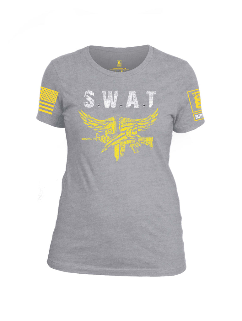 Battleraddle SWAT Yellow Sleeve Print Womens Cotton Crew Neck T Shirt