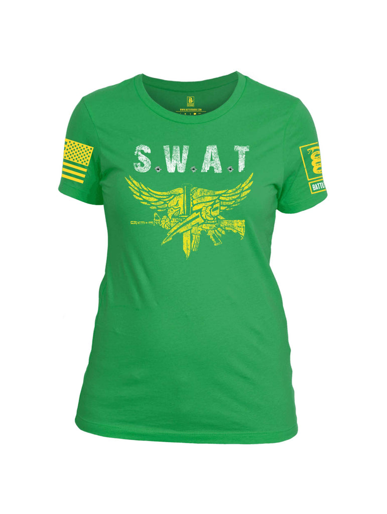 Battleraddle SWAT Yellow Sleeve Print Womens Cotton Crew Neck T Shirt