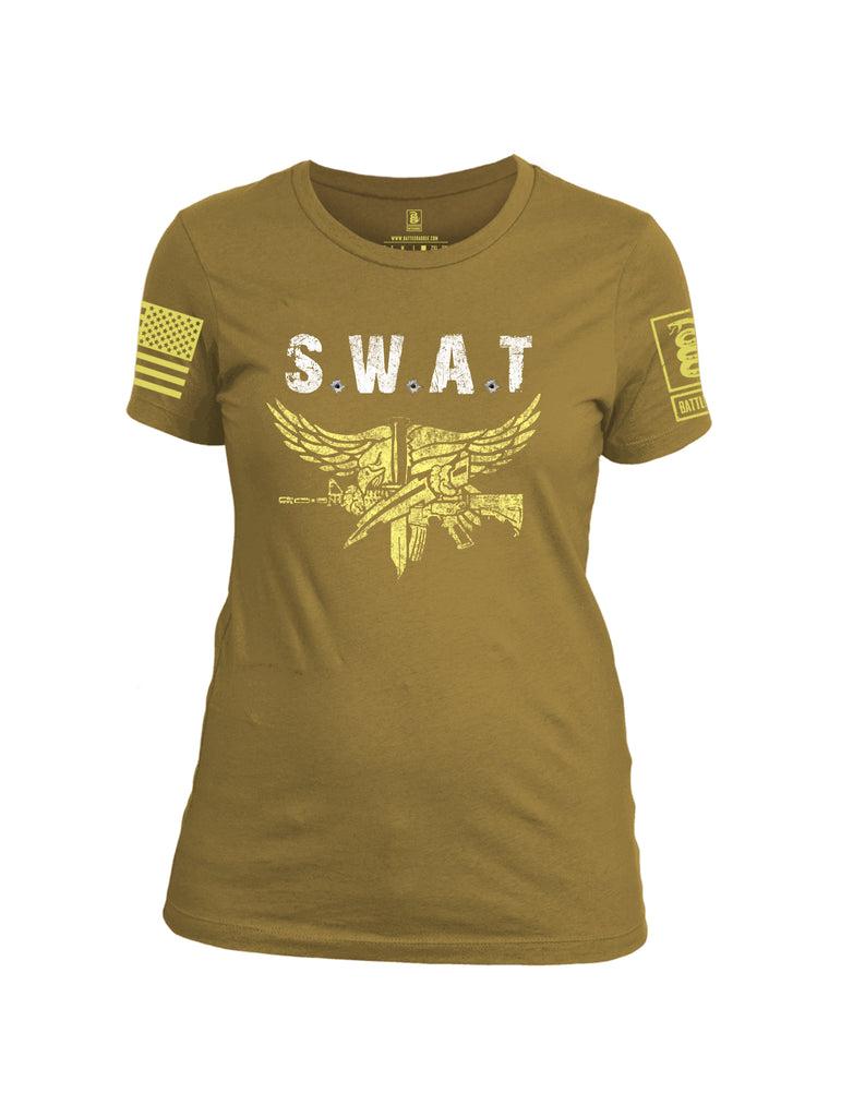 Battleraddle SWAT Light Yellow Sleeve Print Womens Cotton Crew Neck T Shirt