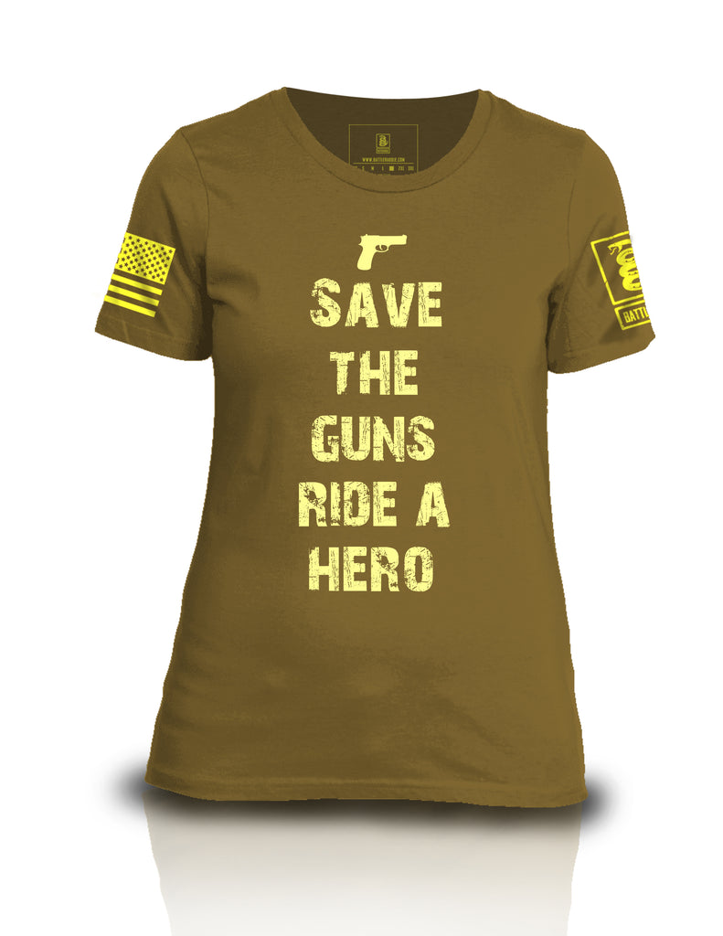 Battleraddle Save The Guns Ride A Hero Yellow Sleeve Print Womens Cotton Crew Neck T Shirt