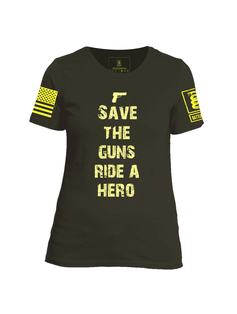 Battleraddle Save The Guns Ride A Hero Yellow Sleeve Print Womens Cotton Crew Neck T Shirt