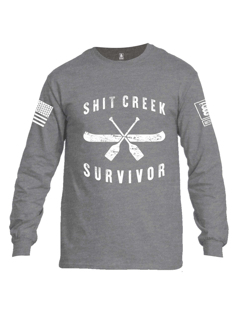 Battleraddle Shit Creek Survivor White Sleeve Print Mens Cotton Long Sleeve Crew Neck T Shirt