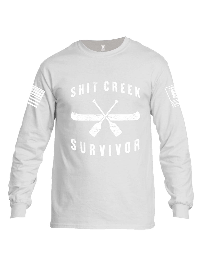 Battleraddle Shit Creek Survivor White Sleeve Print Mens Cotton Long Sleeve Crew Neck T Shirt