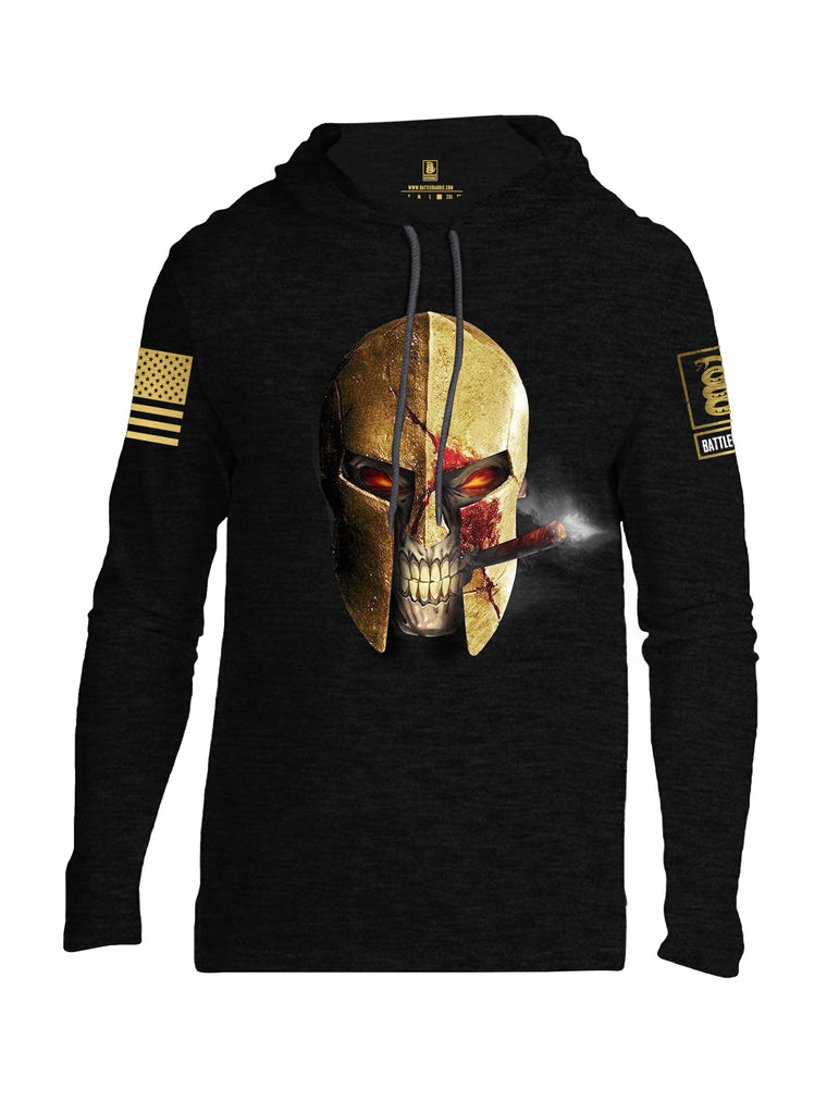 Battleraddle Smoking Spartan Skull Brass Sleeve Print Mens Thin Cotton Lightweight Hoodie