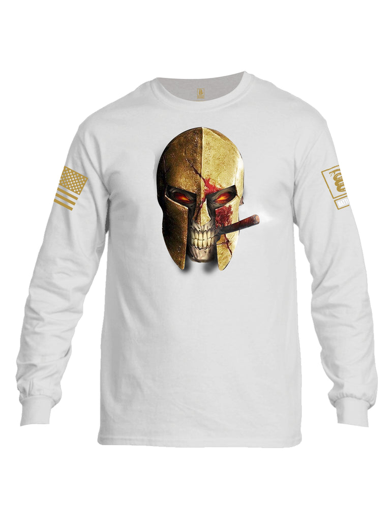 Battleraddle Smoking Spartan Skull Brass Sleeve Print Mens Cotton Long Sleeve Crew Neck T Shirt