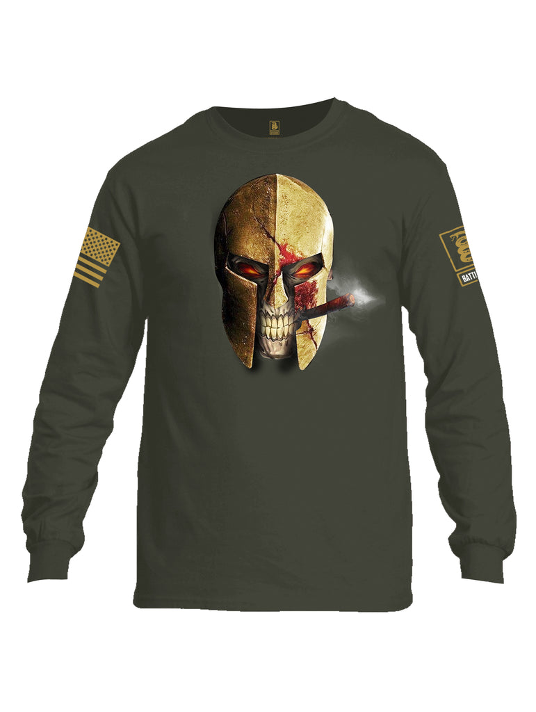 Battleraddle Smoking Spartan Skull Brass Sleeve Print Mens Cotton Long Sleeve Crew Neck T Shirt