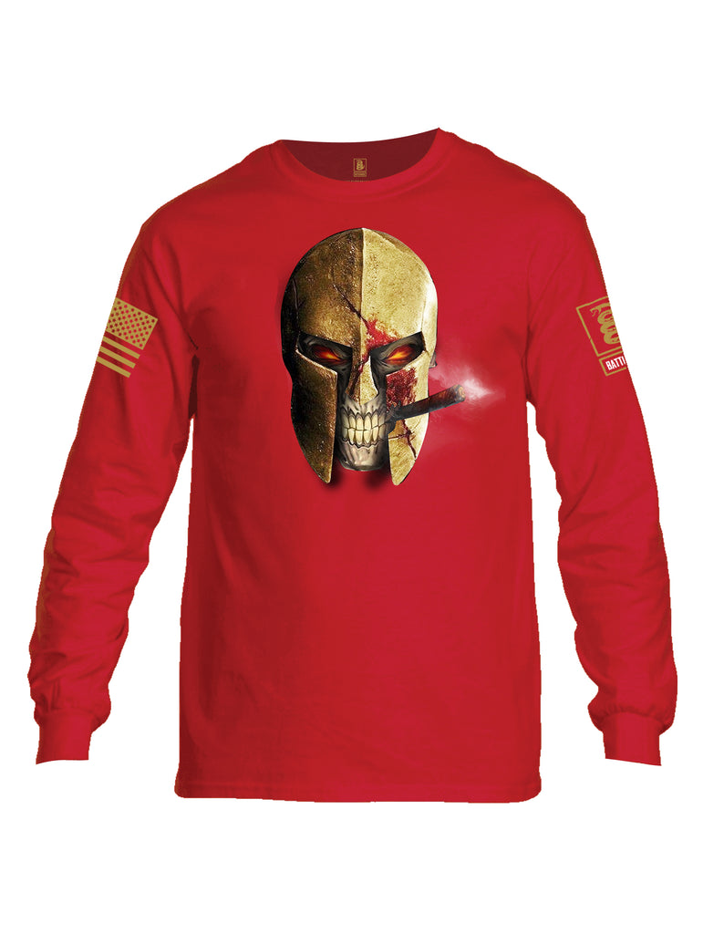 Battleraddle Smoking Spartan Skull Brass Sleeve Print Mens Cotton Long Sleeve Crew Neck T Shirt