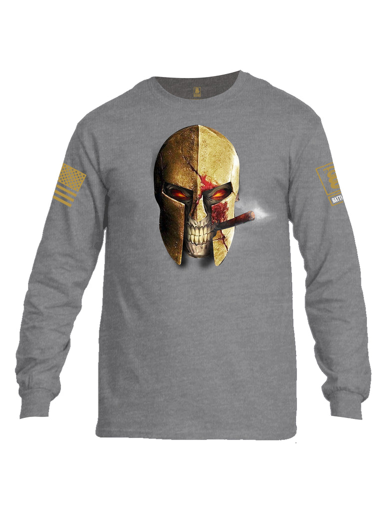 Battleraddle Smoking Spartan Skull Brass Sleeve Print Mens Cotton Long Sleeve Crew Neck T Shirt