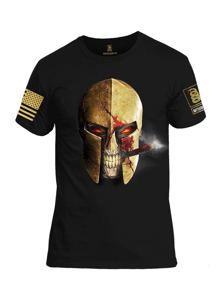 Battleraddle Smoking Spartan Skull Brass Sleeve Print Mens 100% Battlefit Polyester Crew Neck T Shirt