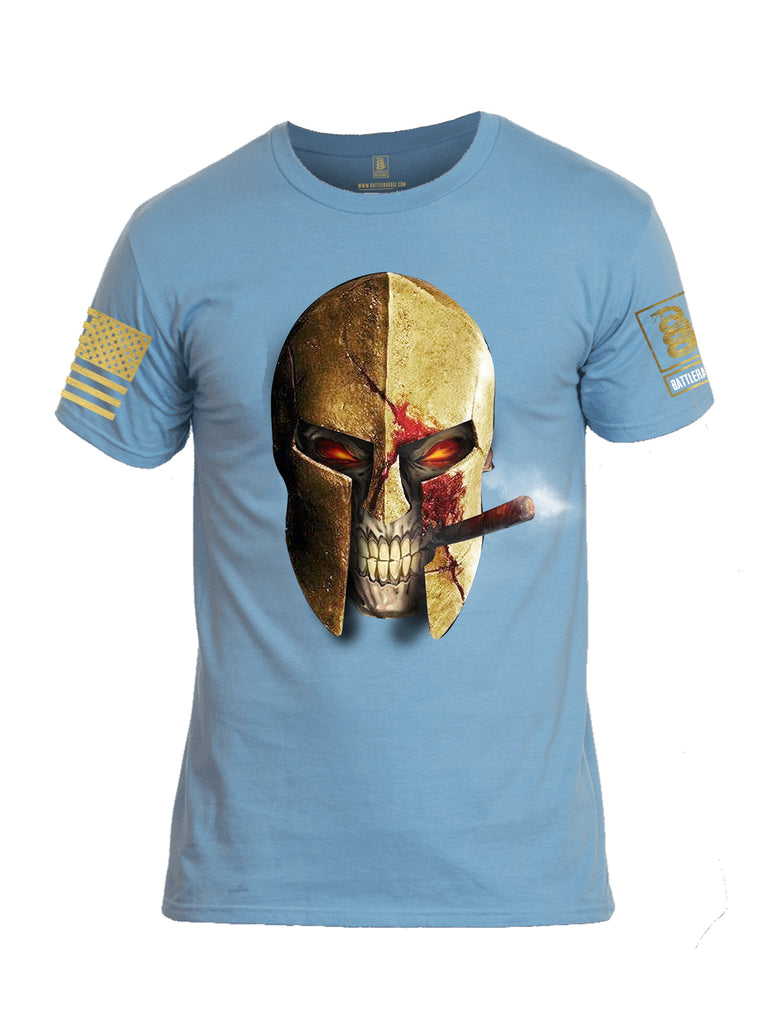 Battleraddle Smoking Spartan Skull Brass Sleeve Print Mens Cotton Crew Neck T Shirt