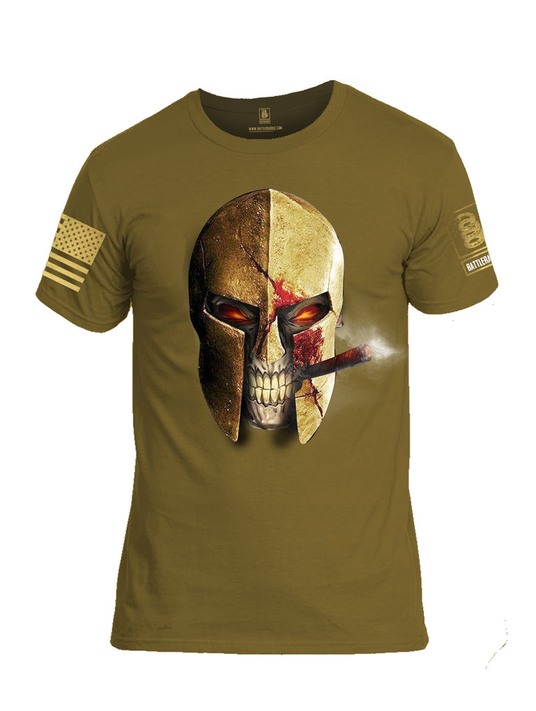 Battleraddle Smoking Spartan Skull Brass Sleeve Print Mens Cotton Crew Neck T Shirt