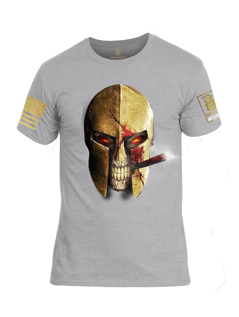 Battleraddle Smoking Spartan Skull Brass Sleeve Print Mens Cotton Crew Neck T Shirt