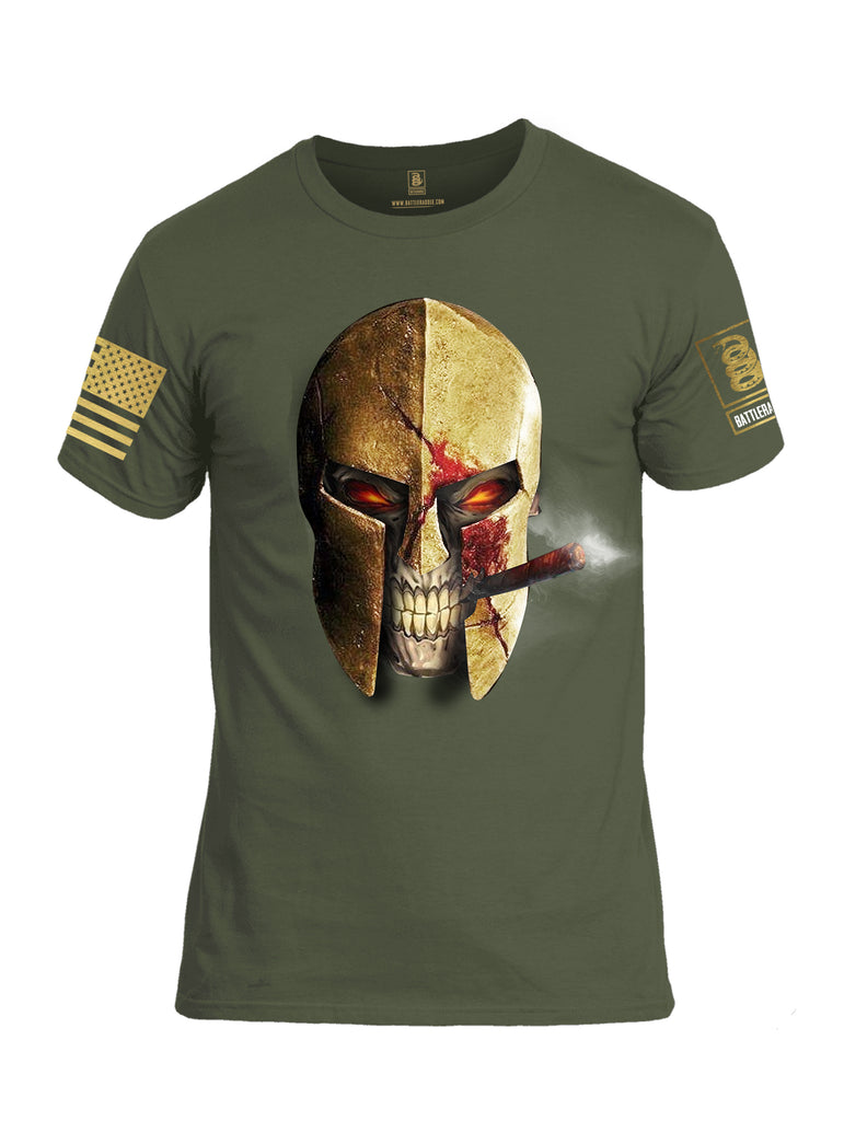 Battleraddle Smoking Spartan Skull Brass Sleeve Print Mens Cotton Crew Neck T Shirt