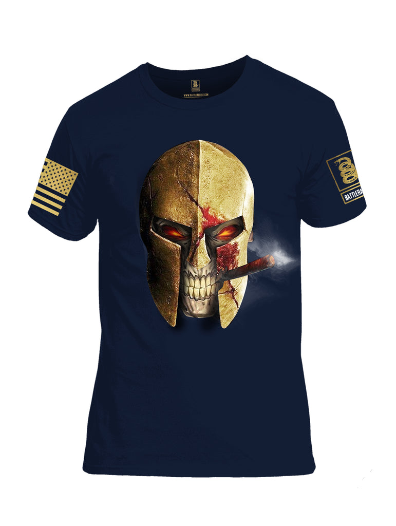 Battleraddle Smoking Spartan Skull Brass Sleeve Print Mens Cotton Crew Neck T Shirt