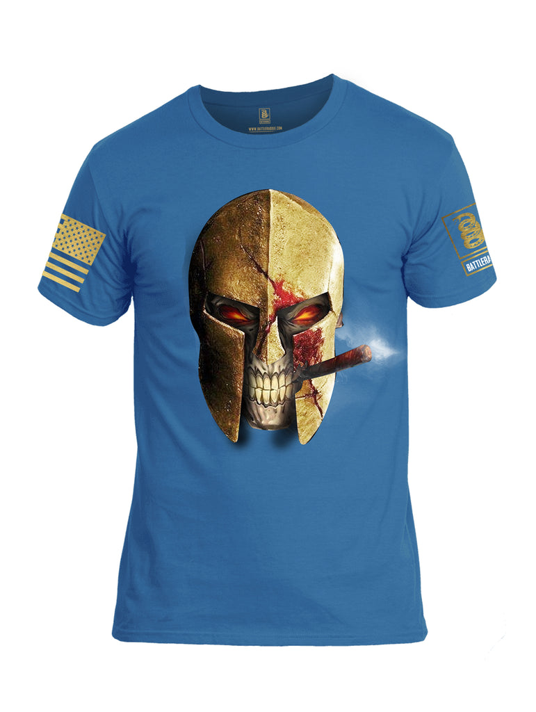 Battleraddle Smoking Spartan Skull Brass Sleeve Print Mens 100% Battlefit Polyester Crew Neck T Shirt