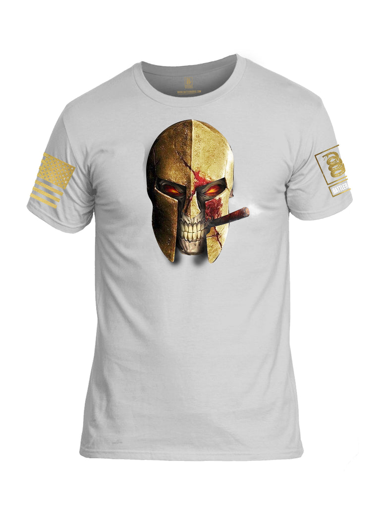 Battleraddle Smoking Spartan Skull Brass Sleeve Print Mens 100% Battlefit Polyester Crew Neck T Shirt