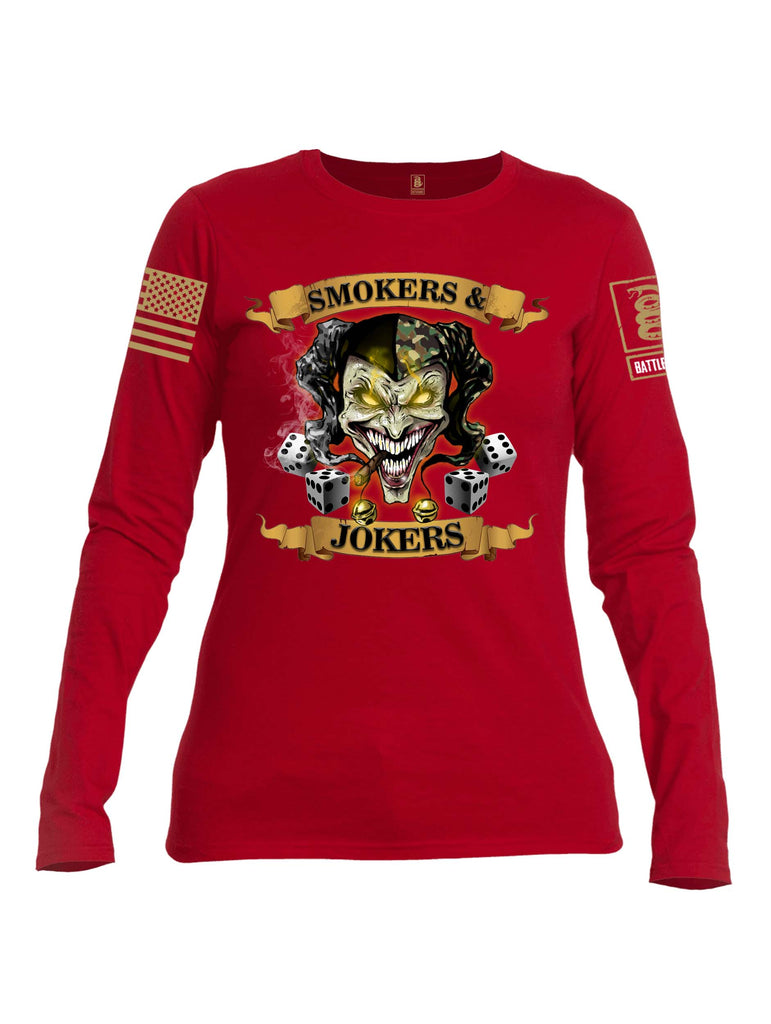 Battleraddle Smokers and Jokers Brass Sleeve Print Womens Cotton Long Sleeve Crew Neck T Shirt