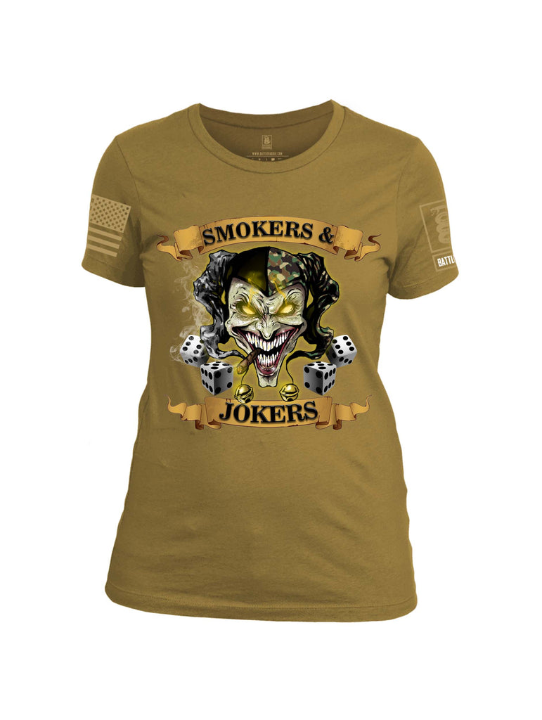 Battleraddle Smokers and Jokers Brass Sleeve Print Womens Cotton Crew Neck T Shirt